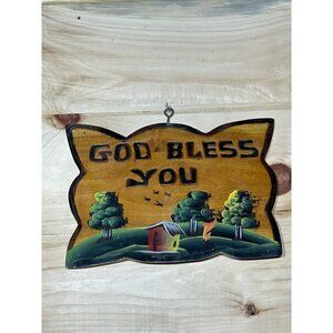 God Bless You wall decor sign. Hand painted on wood. House/trees